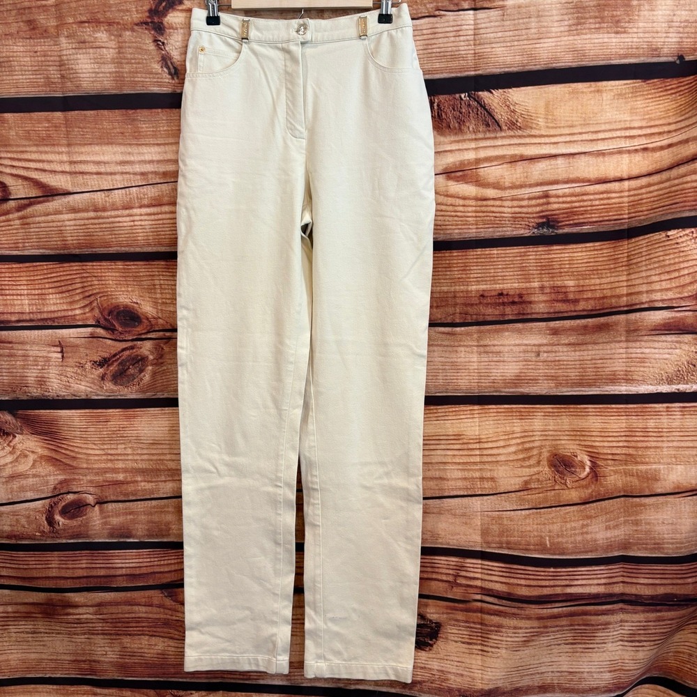 St. John By Marie Gray Womens Cream Straight Leg Gold Accent Jeans Size 4 NWOT